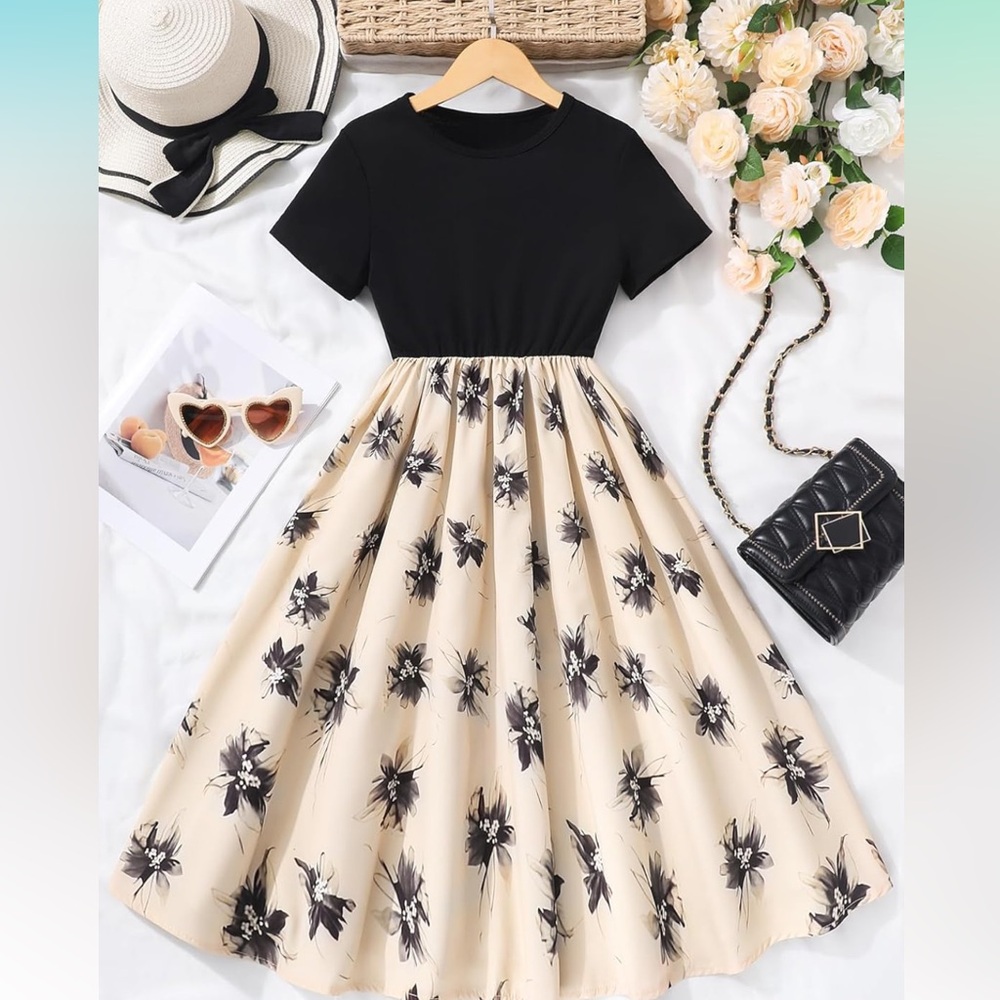 New Elegant Black and Cream Floral Dress Size Girls 11 yr